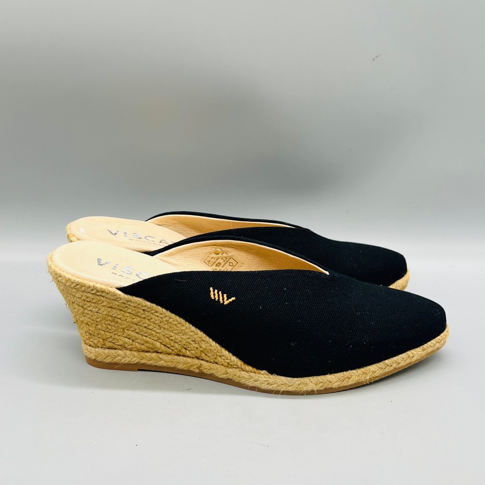 Viscata Shoes Womens 9 Black Canvas Truja Espadrille Wedge Mules V-Cut Slides